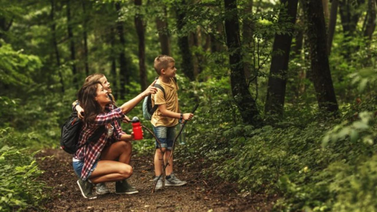 A mother and children hiking on a kid-friendly trail in the Smoky Mountains.
