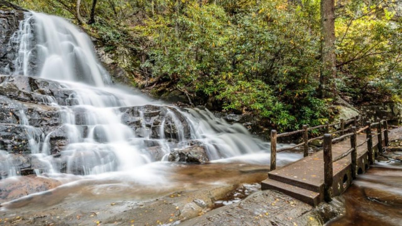 A majestic waterfall cascading over rocks surrounded by lush greenery in the Smoky Mountains.